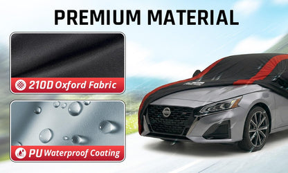 Car Cover Waterproof All Weather Protection with Red Stripe Design, Universal Fit Toyota Camry Solara, Ford Fusion, Kia Stinger Optima, Nissan Maxima, VW Passat, Subaru Legcy