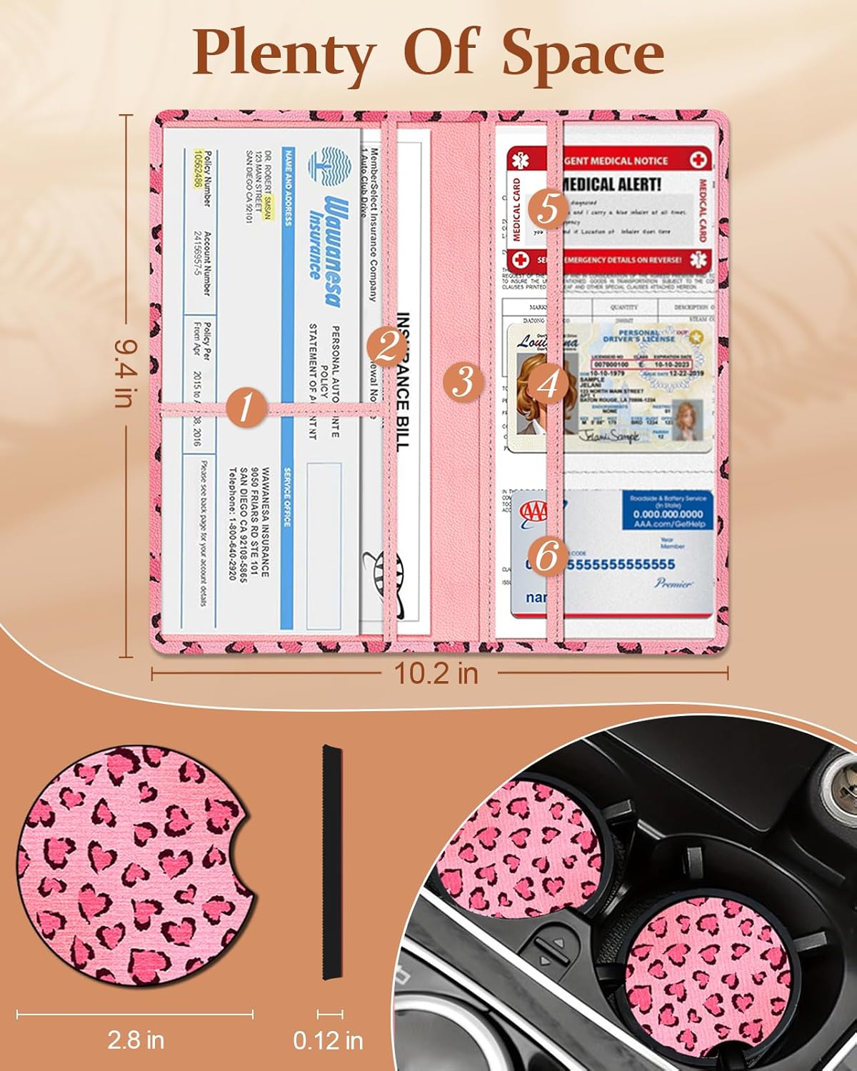 Slohif Car Registration and Insurance Card Holder with Magnetic Shut - Vehicle Glove Box Organizer Women Leather Automobile License Holders Coasters Auto Accessories Case for Document,Strawberry