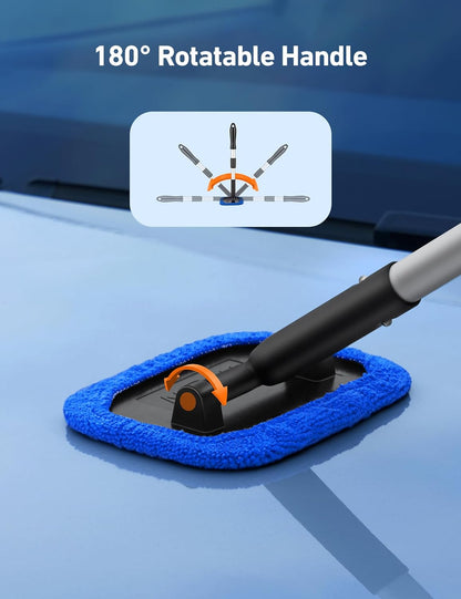 AstroAI Windshield Cleaner Tool, Microfiber Car Window Cleaner with 4 Reusable and Washable Microfiber Pads and Extendable Handle Auto Inside Glass Wiper Kit, Blue