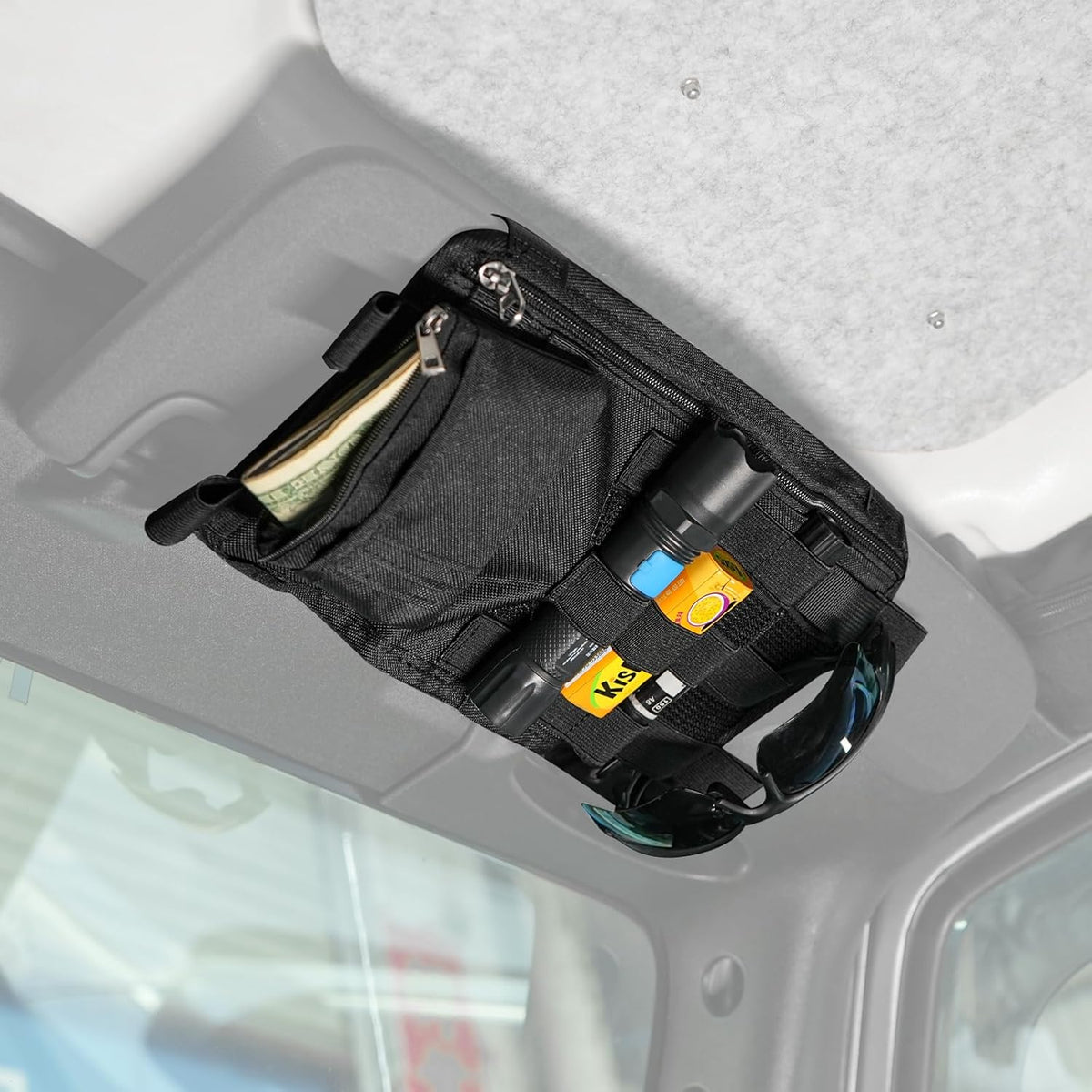 1 Pack Multi-Functional Car Sun Visor Organizer With Micro ID Carrier Pocket, Molle Tactical Visor Organizer Bag,Truck Visor Organizer Auto Accessories Sunglass Holder