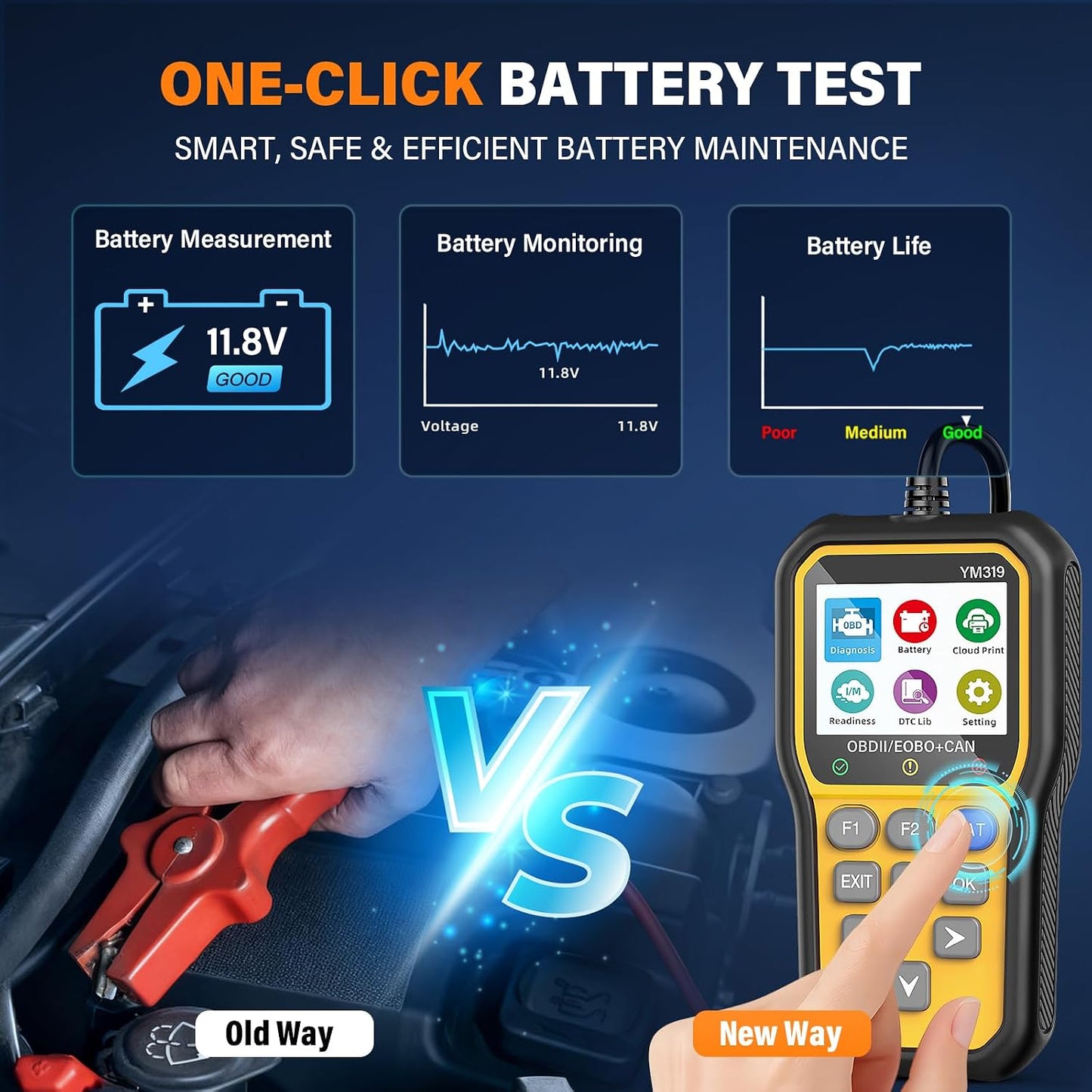 BluSon YM319 OBD2 Scanner Diagnostic Tool with Battery Tester, Check Engine Fault Code Reader with Live Data, Cloud Printing, DTC Lookup, Freeze Frame, Scan Tool for All OBDII Protocol Cars Since 1996