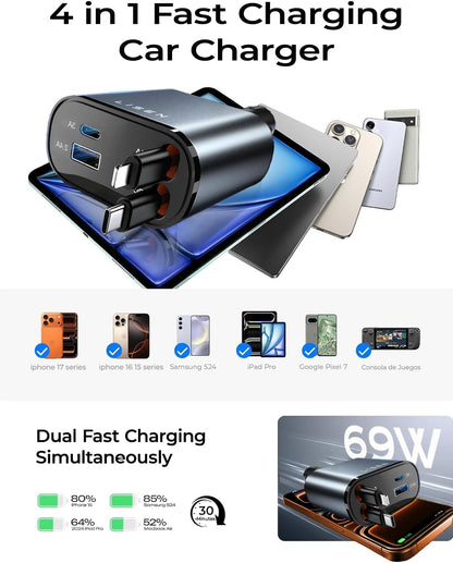 LISEN Retractable Car Charger, 84W Car Charger USB C Fast Charger, Cigarette Lighter USB Charger Adapter, Car Accessories Birthday Gifts for Men Women Dad Mom Husband, for iPhone 17 16 15 14 13 12 11