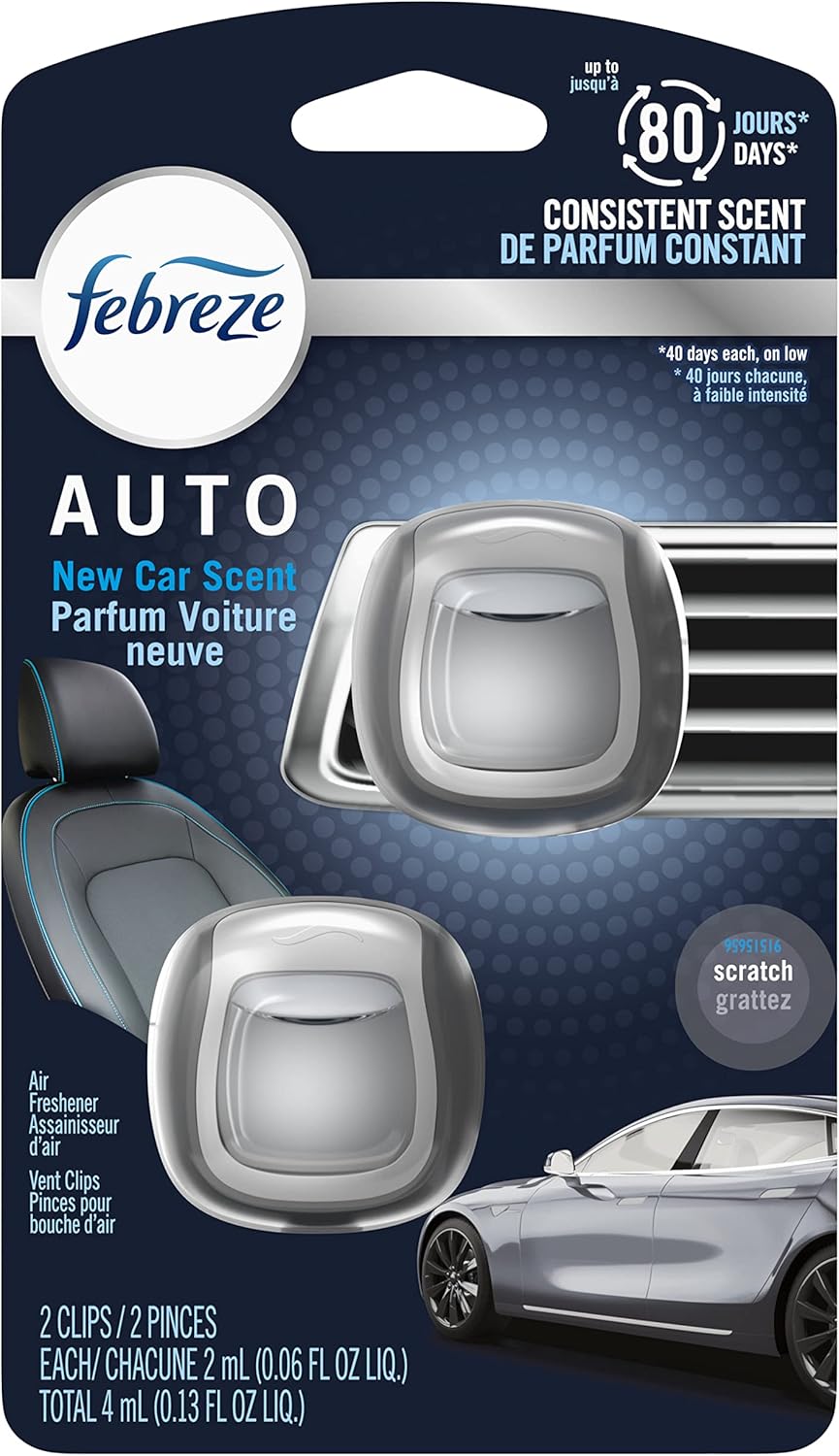 Febreze Car Vent Clip Air Freshener, Odor Eliminator for Up to 30 Days Freshness, 2 Clips (New Car)