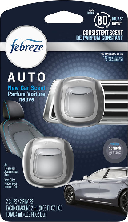 Febreze Car Vent Clip Air Freshener, Odor Eliminator for Up to 30 Days Freshness, 2 Clips (New Car)