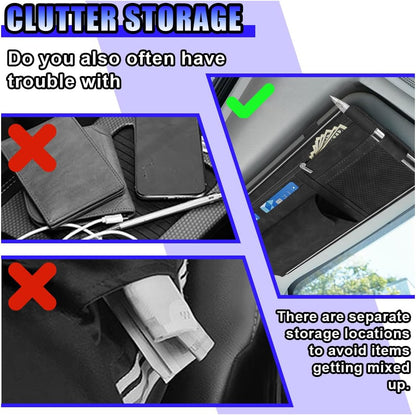 Car Sun Visor Organizer, Leather Multi-Pocket Glasses Card Holder with Zipper, Waterproof Scratch-Resistant Sunshade Storage Bag, Universal Auto Interior Accessory for Car/Truck/SUV (Grey)