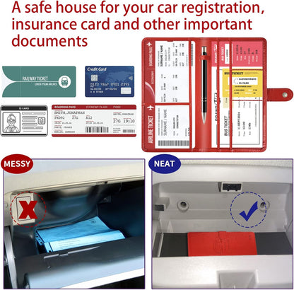 Car Registration and Insurance Card Holder with Magnetic Closure, Leather Vehicle Glove Box Automobile Documents Paperwork Wallet Case Organizer for ID, Driver's License, Key Contact Information Cards