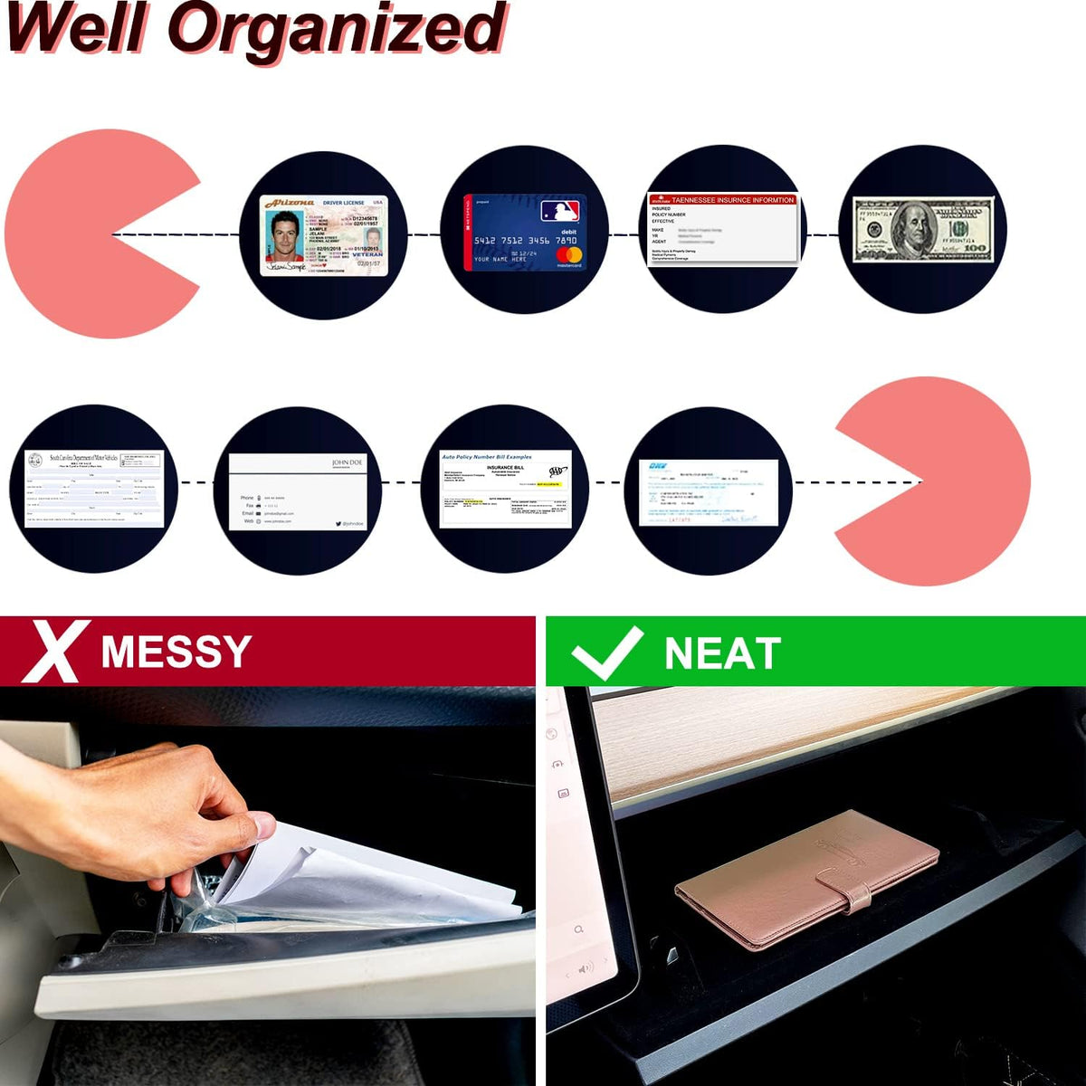 RSAquar Car Registration and Insurance Holder, Vehicle Glove Box Organizer Cool Car Accessories, Auto Truck Document Holder for Cards, Driver License, Black Glitter