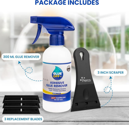 Perco Glue Off Adhesive Sticker Remover 3.3 fl. oz & Scraper with Plastic Razor for Removing Labels (Adhesive Sticker Remover & Scraper w/Plastic Razor)