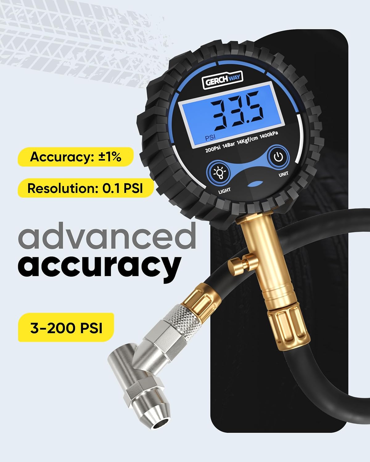 GERCHWAY Digital Tire Pressure Gauge for Cars - Accurate Air Pressure Gauge for Tires with 360° Swivel Chuck - 200 PSI