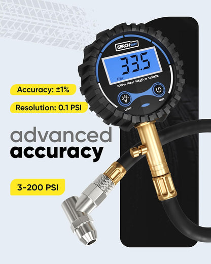 GERCHWAY Digital Tire Pressure Gauge for Cars - Accurate Air Pressure Gauge for Tires with 360° Swivel Chuck - 200 PSI