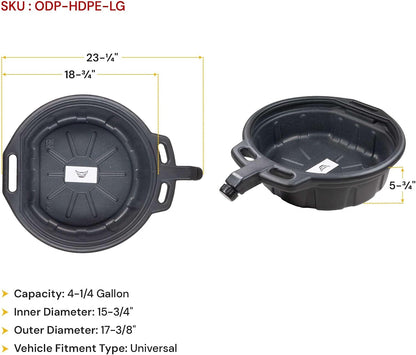 Mytee Products Automotive Oil Drain Pan - Black Plastic Anti Splash, Motor Large Oil Drip Catcher Pan for Changing Oil, Spill-Proof Design - 4.25-Gallon