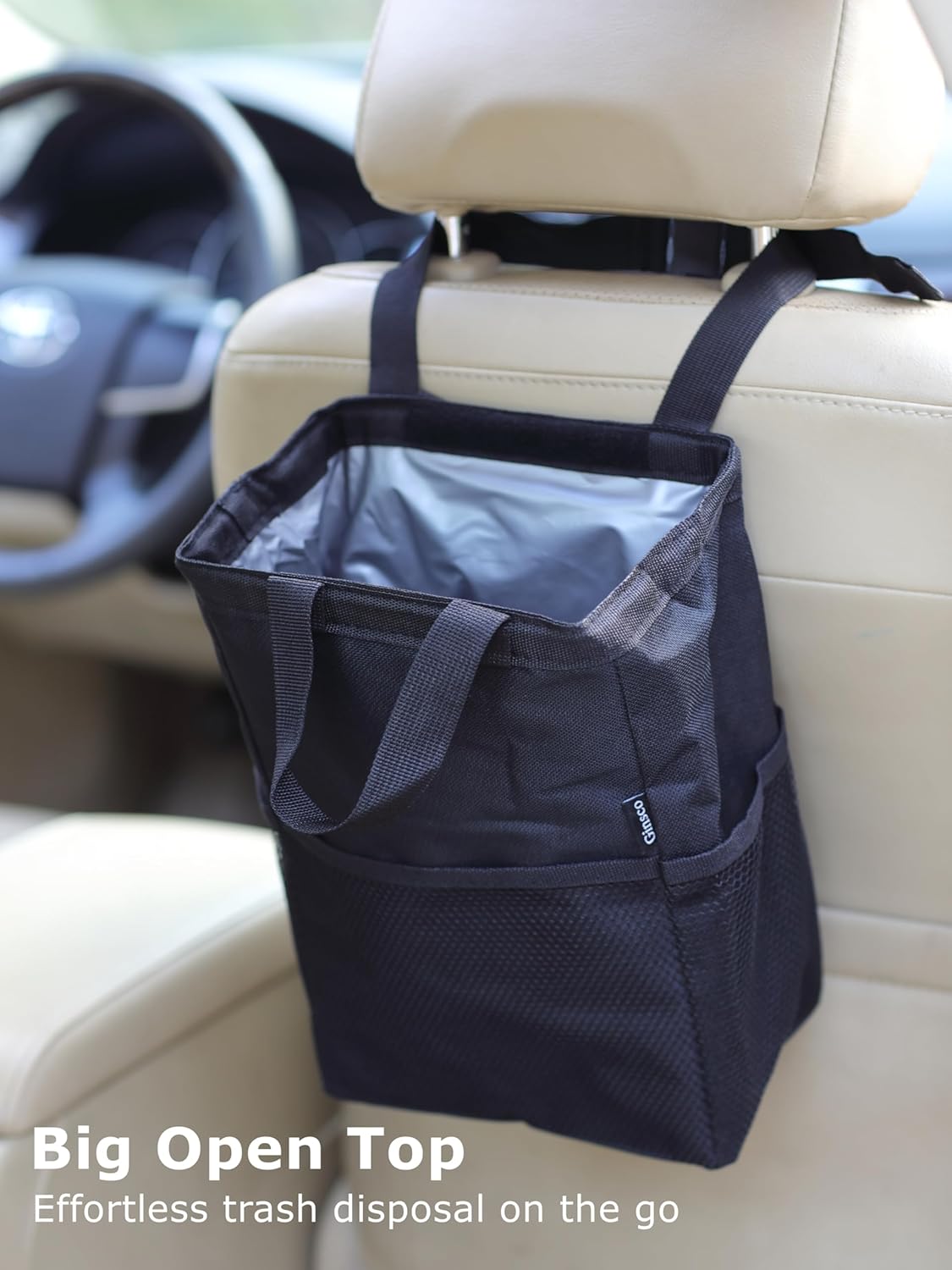Ginsco New Leak-Proof Travel Car Trash Bag, 3.5 Gallons Large Capacity Hanging Car Trash Can with Hook and Loop Lid and Handle, Multipurpose Trash Bin with Storage Pockets for SUV RV Camping (Black)