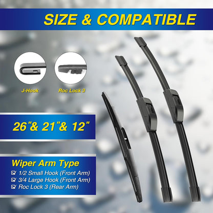 5 PLUS® Silicone Windshield Wipers Replacement for 2019-2024 Toyota RAV4/ 2006-2015 Mazda 5 Wiper Blades(Set of 3), Windshield Wiper Blades For My Car-26"/16"/12" - Colors B