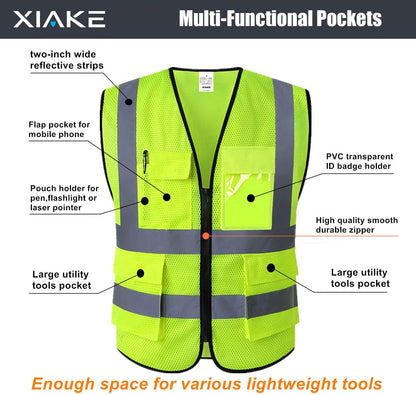 XIAKE Reflective Safety Vest for Men & Women High Visibility Class 2 Vest with Pockets Meets ANSI Standards