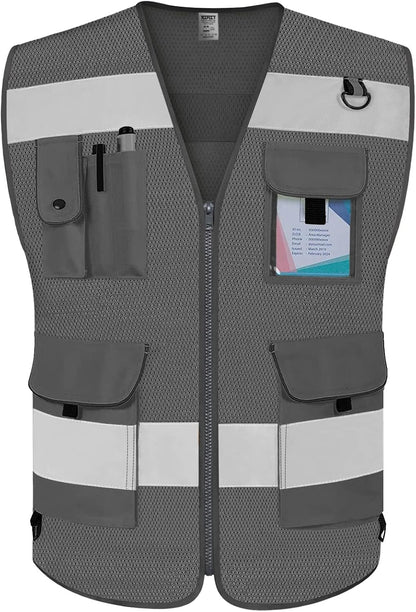 TCCFCCT Safety Vest for Men Women 9 Pockets High Visibility Vest for Safety, Reflective Work Vest with Reflective Strips, Meets ANSI/ISEA Standards, (Yellow, Large)