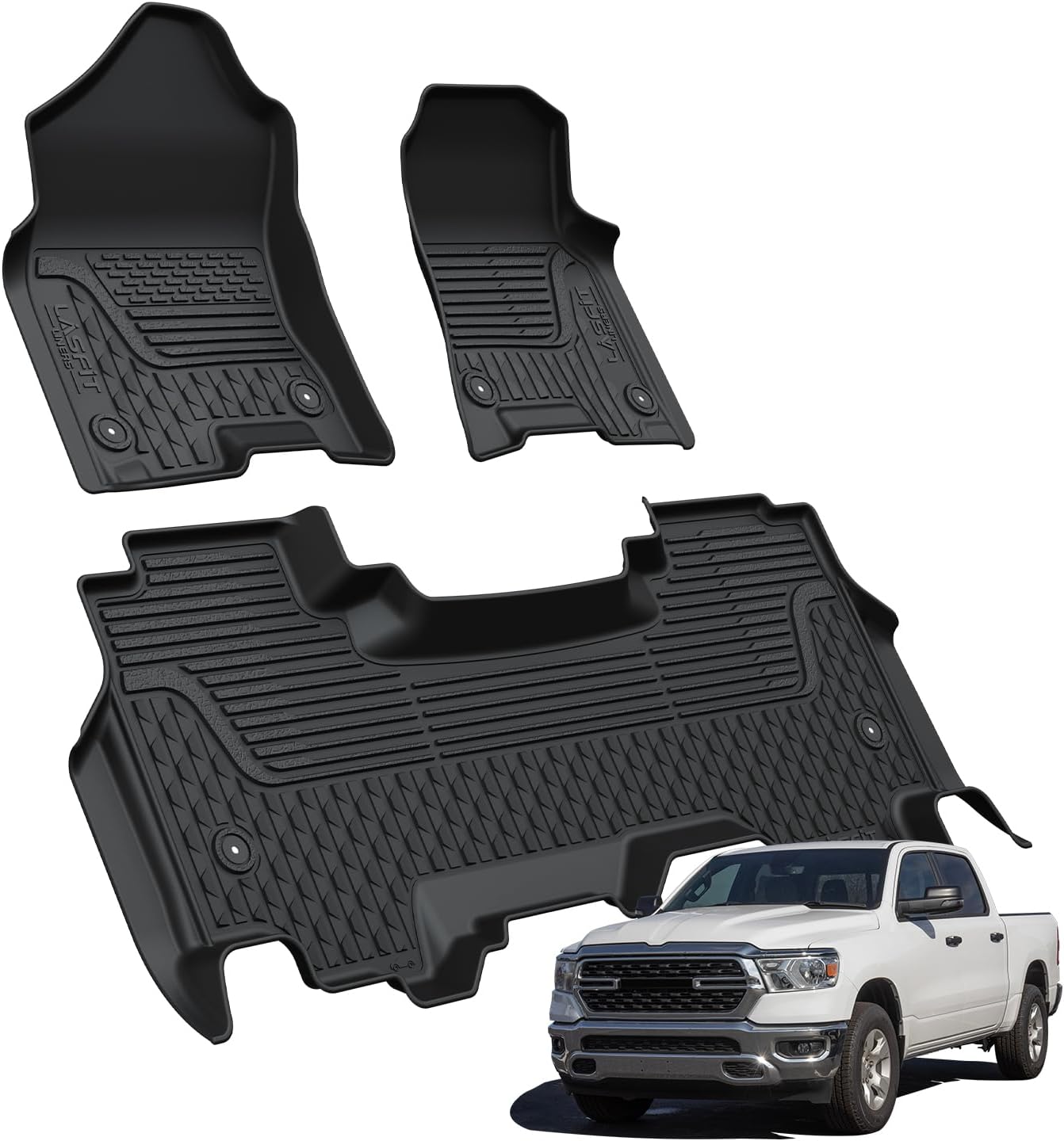 LASFIT Floor Mats for 2019-2025 2026 Ram 2500/3500 Crew Cab Bucket Seat for Carpet & Vinyl Floor (NOT fit Model with PTO Kit), All Weather TPE Custom Fit Car Mats Floor Liners 1st & 2nd Row, Black