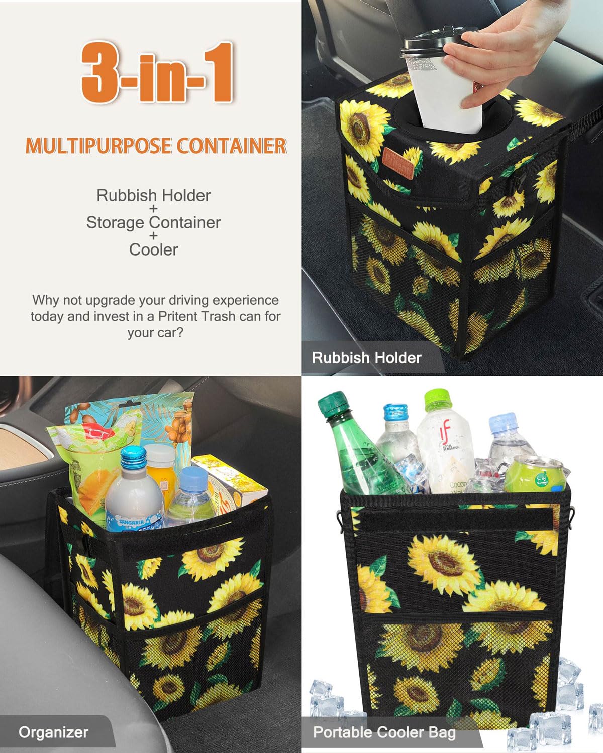 Pritent Car Trash Can with Lid, Cute Leakproof Car Trash Garbage Bag Hanging Vehicle Trash Bin Small Portable Automotive Garbage Cans Organizer for Back/Front Seat/Console(Trapezoid,Black)