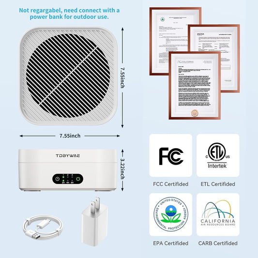 Air Purifiers for Home 600 Sq.Ft, TDBYWAE H13 True HEPA Air Purifier with USB Cable for Pets Dust Dander Pollen Odor Smoke, Small Portable Air Purifier for Bedroom Office Desktop Car RV
