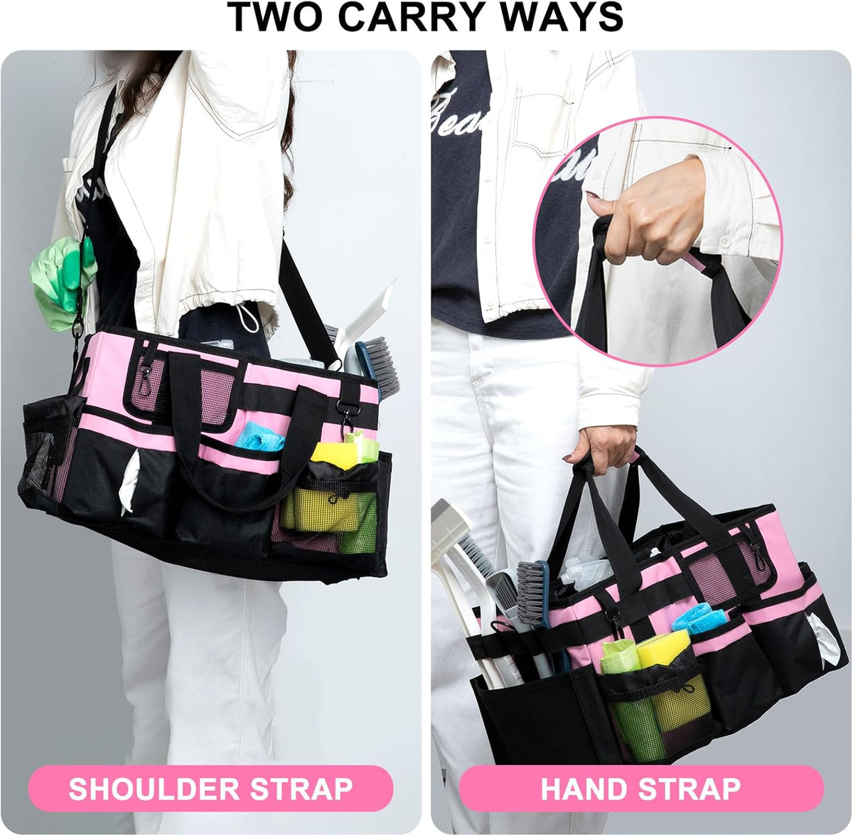 Large Cleaning Caddy Bag with Built-in Support Board, Wearable Cleaning Supplies Organizer with Adjustable Shoulder Strap & Waist Belt, Waterproof Heavy Duty Tote for Housekeepers Car Detailing