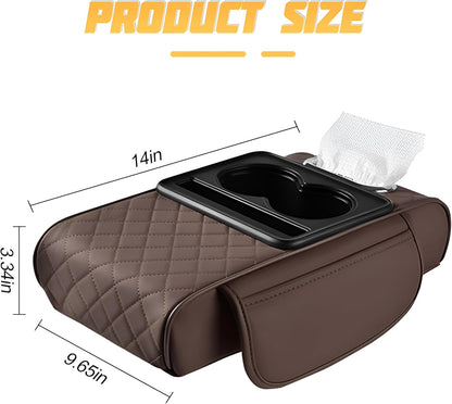 Zpana Car Center Console Armrest Pillow, Memory Foam Leather 4 in 1 Vehicle Arm Rest Cover with Tissue Box 2 Side Storage Bag Cup & Phone Holder, Auto Armrest Cushion, Universal Fit (Black)