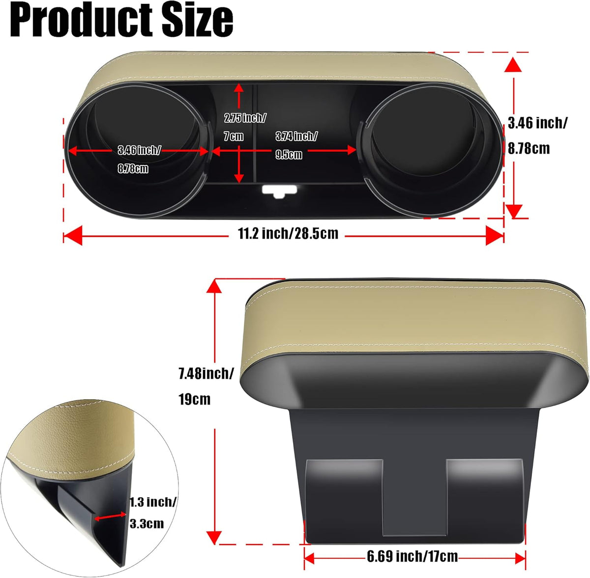 IOKONE Car Cup Holder, Auto Cup Drink Holders，Multifunctional Auto Front Seat Organizer with PU Leather Cover, Gap Filler Storage Box Coin Bucket Console Side Pocket Cell Mobile Phone Holder (Black)