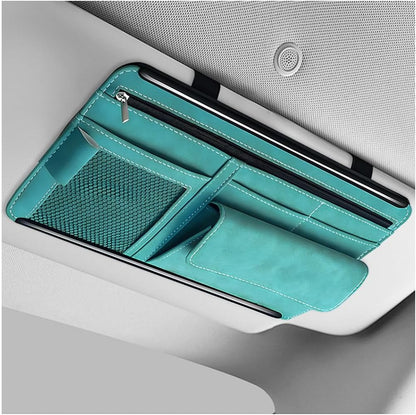 Car Sun Visor Organizer, Leather Sun Visor Pocket Organizer Case with Multi-Pocket Net Zipper, Suede Note Holder Car Visor Storage Pouch for Card Pen Sunglasses Document (Gray)