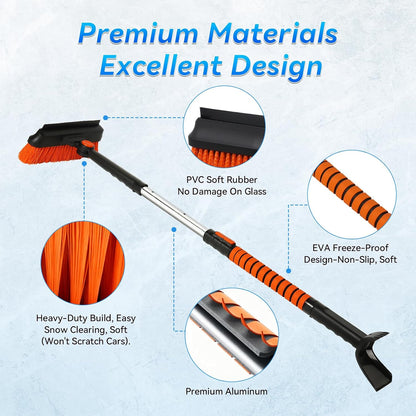 6 in 1 Snow Shovel & Snow Brush with Windshield De-Icer & Ice Scraper for Cars, Trucks, SUVs,40" Extendable & Bendable Thicken Aluminum Tube for Easy Roof Cleaning,180° Pivoting Head & EVA Grip