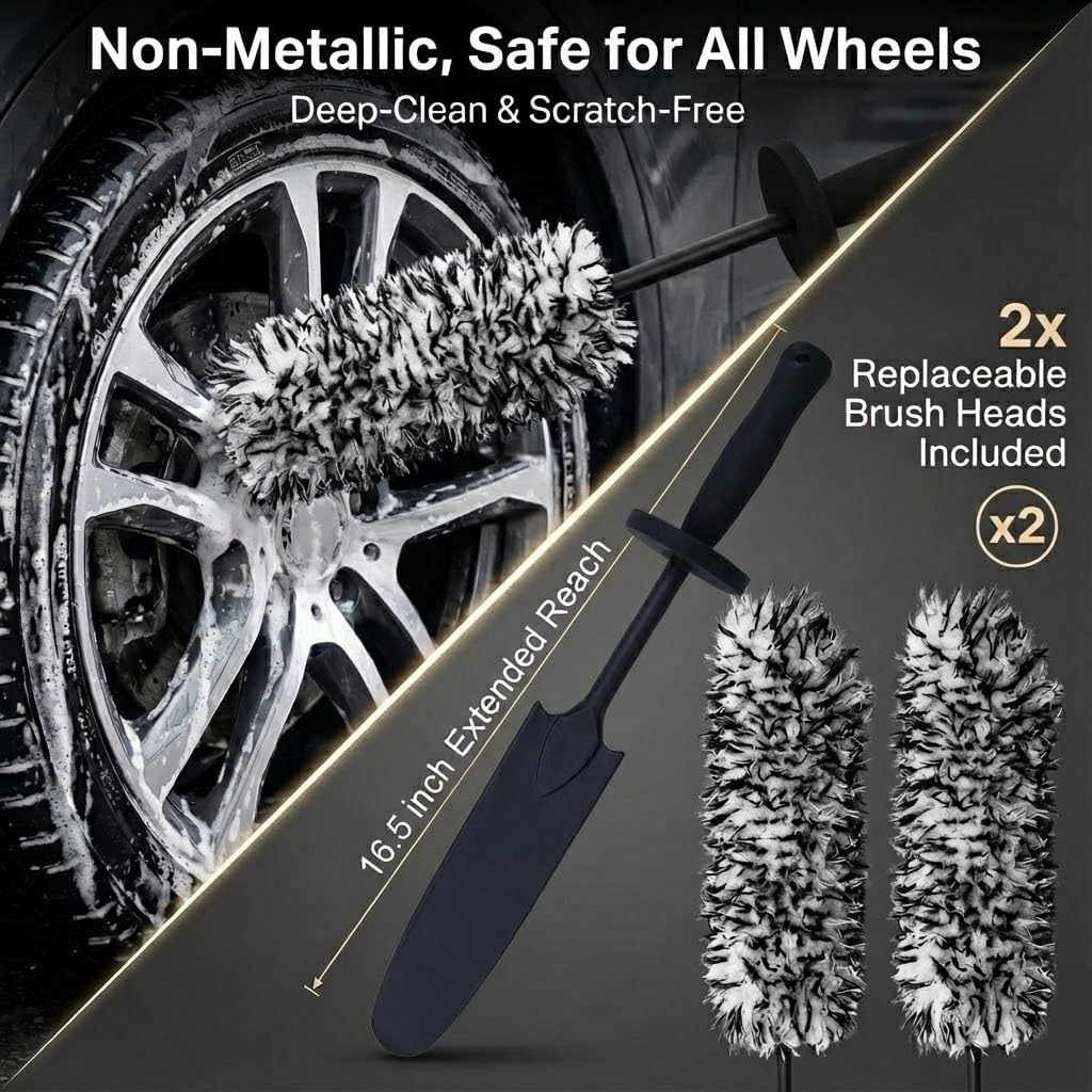 9PCS Professional Wheel Detailing Kit - Microfiber Flat Rim Brush w/Removable Cover, Boar Hair Detail Brush, Cleaning Pads, Towel & Storage Bag | Scratch-Free for All Vehicles
