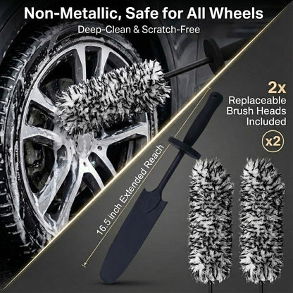 9PCS Professional Wheel Detailing Kit - Microfiber Flat Rim Brush w/Removable Cover, Boar Hair Detail Brush, Cleaning Pads, Towel & Storage Bag | Scratch-Free for All Vehicles