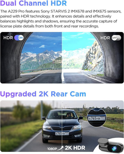 VIOFO A229 Pro 4K HDR Dash Cam, Dual STARVIS 2 IMX678 IMX675, 4K+2K Front and Rear Car Camera, 2 Channel with HDR, Voice Control, 5GHz WiFi GPS, Night Vision 2.0, 24H Parking Mode