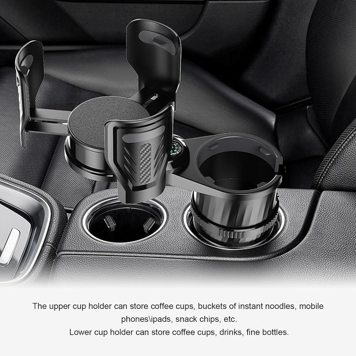 Dual Car Cup Holder Expander, 2 in 1 Multifunctional Auto Drink Adapter with Adjustable Base, 360 Degrees Rotating Cupholder Extender with Compass, Universal Car Accessories