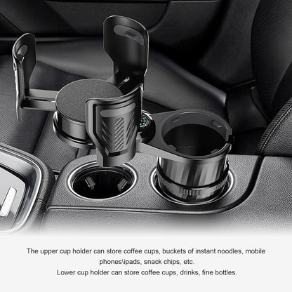 Dual Car Cup Holder Expander, 2 in 1 Multifunctional Auto Drink Adapter with Adjustable Base, 360 Degrees Rotating Cupholder Extender with Compass, Universal Car Accessories