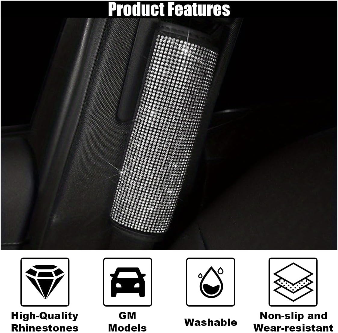 GLSOWEE 2PCS Bling Car Seat Belt Shoulder Pads, Bling Rhinestones Seat Belt Covers for Women, Car Seatbelt Strap Pad with Crystal Diamond, Car Interior Accessories for Car SUV (Black Diamond)