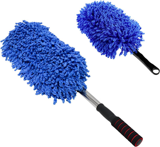 2 PCS Microfiber Car Dusters, Scratch Free Auto Exterior Dust Brust Set with Extendable Duster, Multipurpose Soft Brushes Dusting Supplies for Cars Trucks SUVs Motorcycles (Blue)