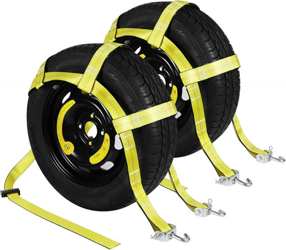 Tow Dolly Basket Straps with Flat Hook-2 Pack,Car Wheel Strap Tire Bonnet Net Fits 14"-19" Tires Auto Universal Vehicle Car Dolly Ropes Accessories