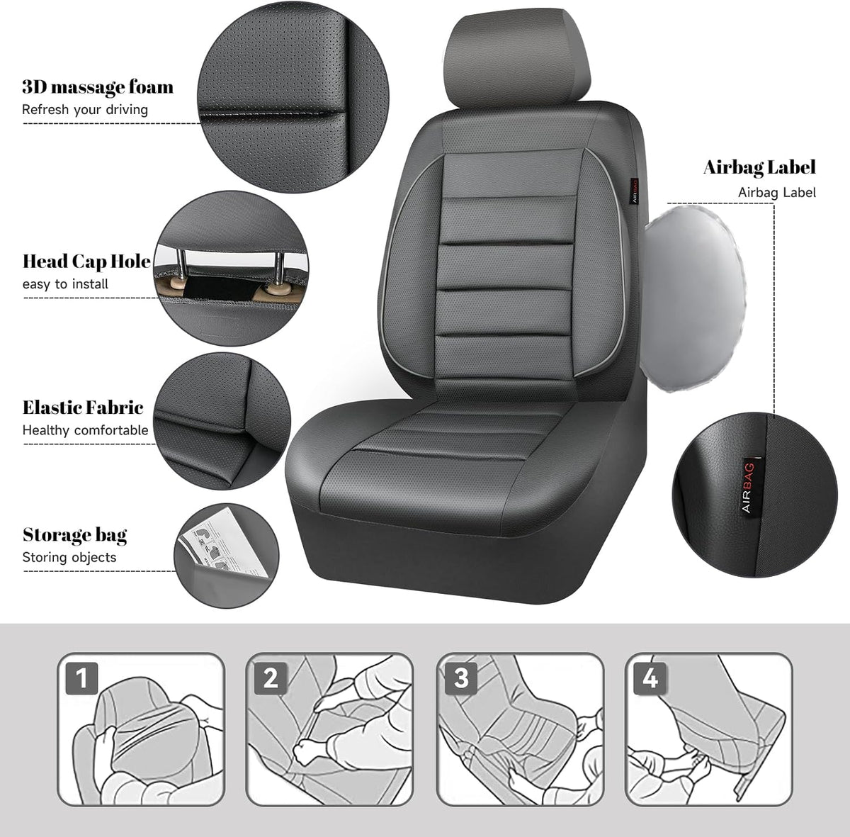 CAR PASS Leather Seat Covers Full Set Universal Water Resistant 3D Foam Back Support, Luxury Comfort Automotive 5 Seat Covers All Season Fit for SUV,Sedan,Van, Airbag Compatible Elegance(Pure Black)