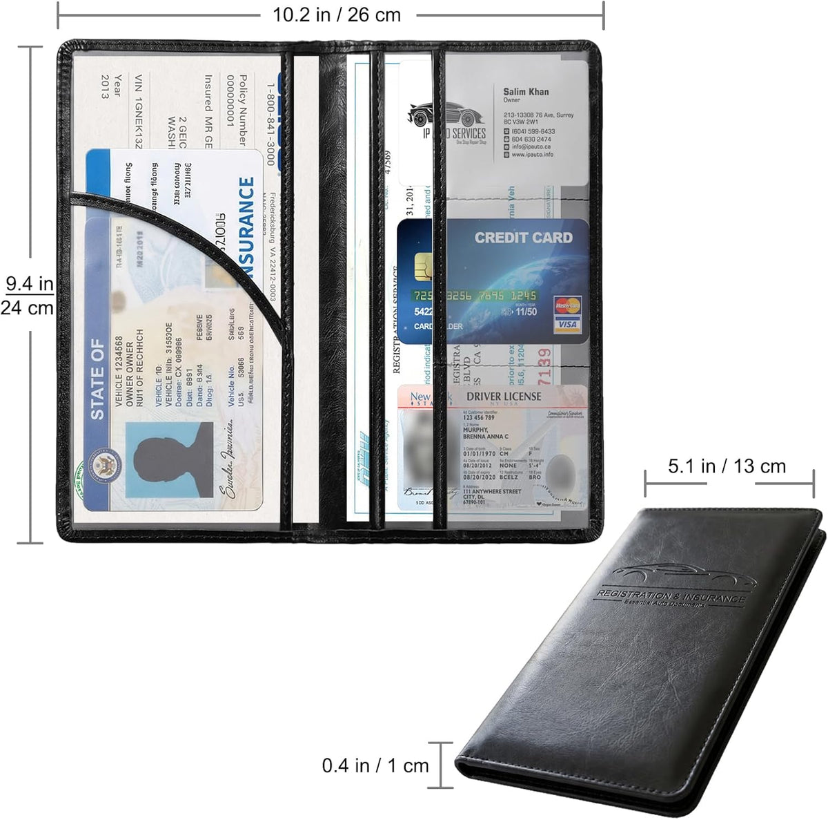 LumiMokki Premium Car Registration & Insurance Card Holder with Magnetic Shut, Vehicle Glove Box Car Organizer - For Documents, Cards, License (Black)