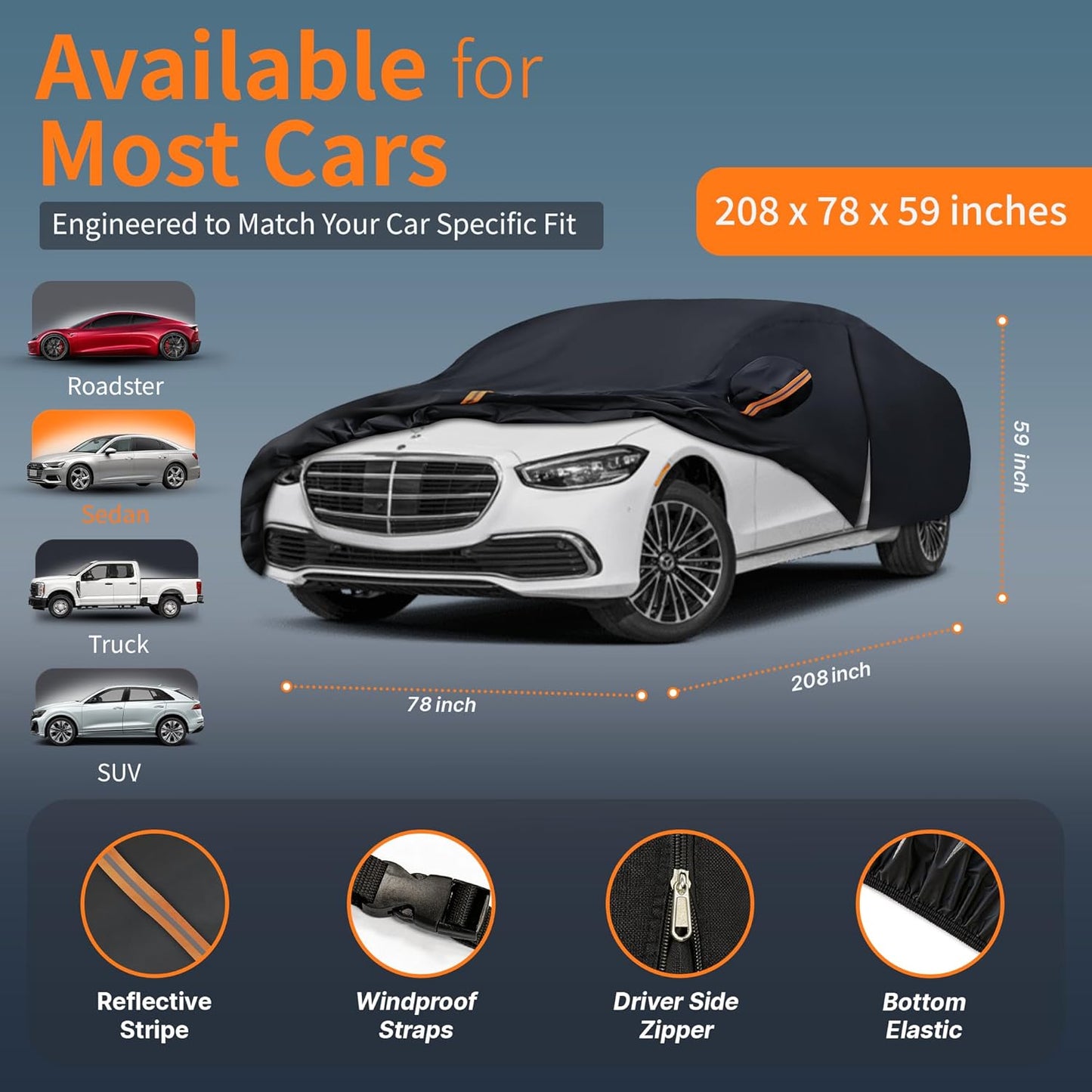 Car Cover Waterproof All-Weather,Outdoor Full Exterior Automobiles Sedan/Coupe (Length 204-208 inch) with Windshield Sun Shade Universal Fit Lexus ES350, Tesla Model S,BMW 740i etc