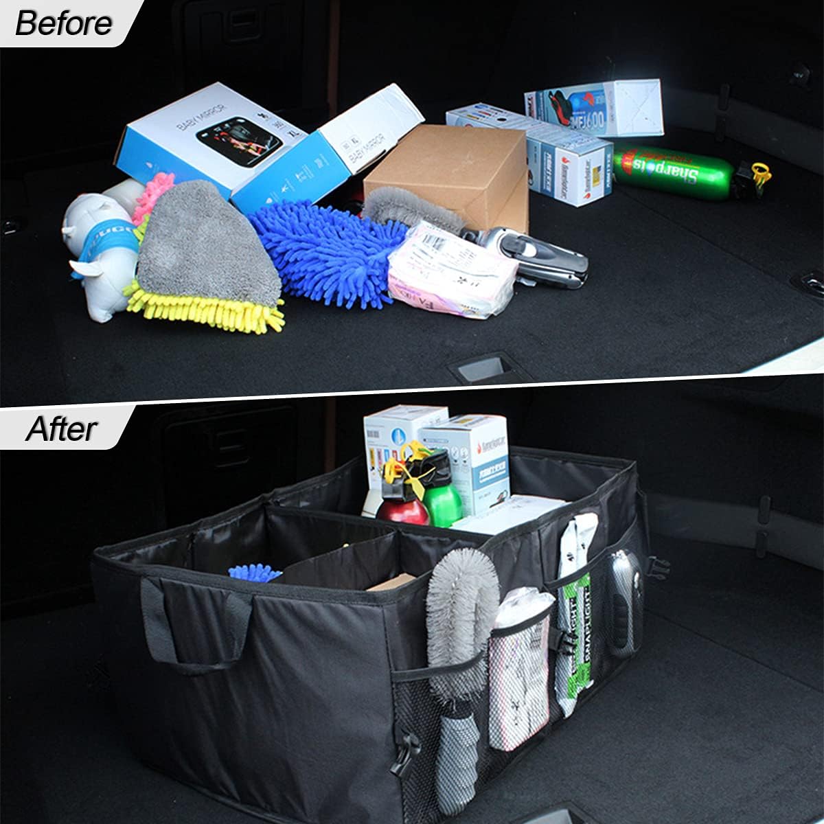 Car Trunk Organizer, Portable Foldable Waterproof Auto Storage Bag with 3 Compartments, Collapsible Cargo Trunk Groceries Organizer, Car Accessories Universal for SUV, Truck, Van, Sedan (Black2)