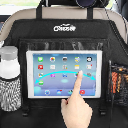 Oasser Seat Back Protector Kick Mats 12.9" I pad Holder 2 Pack XL with 1 Tissue Box Car Seat Organizer Back of Seat Protector Clear 2 Large Car Organizers and Storage