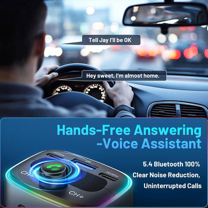 Bluetooth 5.4 Car Adapter 60W Charging USB Bluetooth Adapter for Car,Wireless Fm Transmitter Radio,Handsfree Calling and Audio Receiver,HiFi Music Player,7 Colors LED Backlit