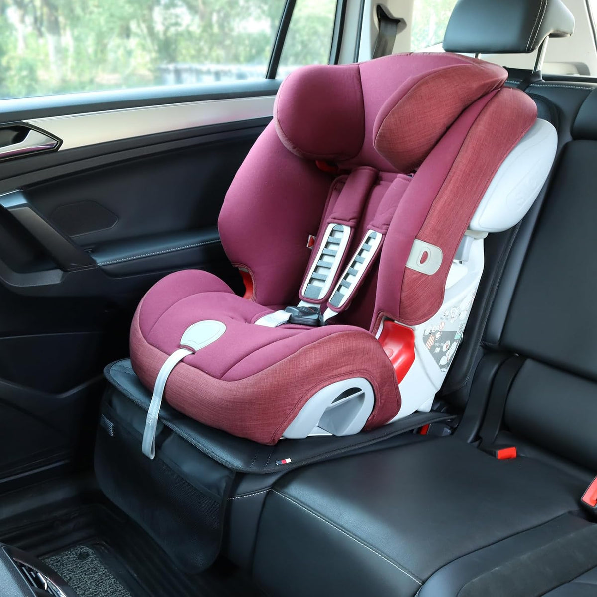 Viaviat Car Seat Protector Leather Waterproof Child Safety Seat Protector Cover with Thick Pad and 2 Large Pockets Durable Kick Mat for All Auto Seat (Beige)