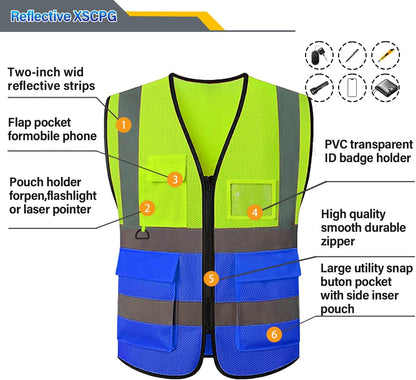 Reflective Mesh Safety Vest, Breathable Hi Vis Vest Construction Work with 5 Pockets and Zipper for Men Women