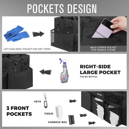SCAVATA Wearable Cleaning Caddy Bag, Supplies Organizer with Handle & Shoulder Straps for Housekeepers, Under Sink & Car Cleaning Tool Organizer with 4 Foldable Dividers (Black)
