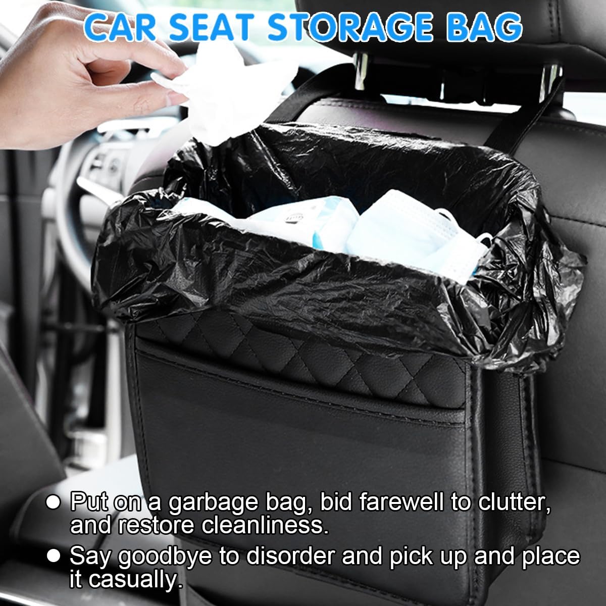 Mandark Car Seat Back Organizer, PU Leather Vehicle Backseat Hanging Storage Pocket, Multipurpose Auto Travel Essentials Accessories for Kids & Adults, Universal for Most Cars (Black)