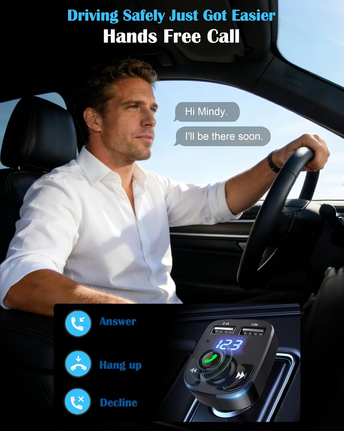 LIHAN Handsfree Calling Car Charger,Wireless Bluetooth 5.3 FM Transmitter Radio Receiver,MP3 Audio Music Adapter,Dual USB Ports,Compatible for iPhone Samsung Smartphones,Spotify & GPS Navigation