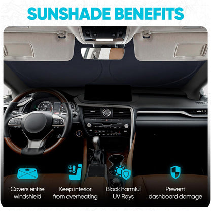 FORTEM Car Sun Shade for Windshield, Reflective Windshield Sunshade, 240T Polyester, Automotive Interior Sun Protection, Ultimate Heat and UV Shield, Foldable, Storage Bag