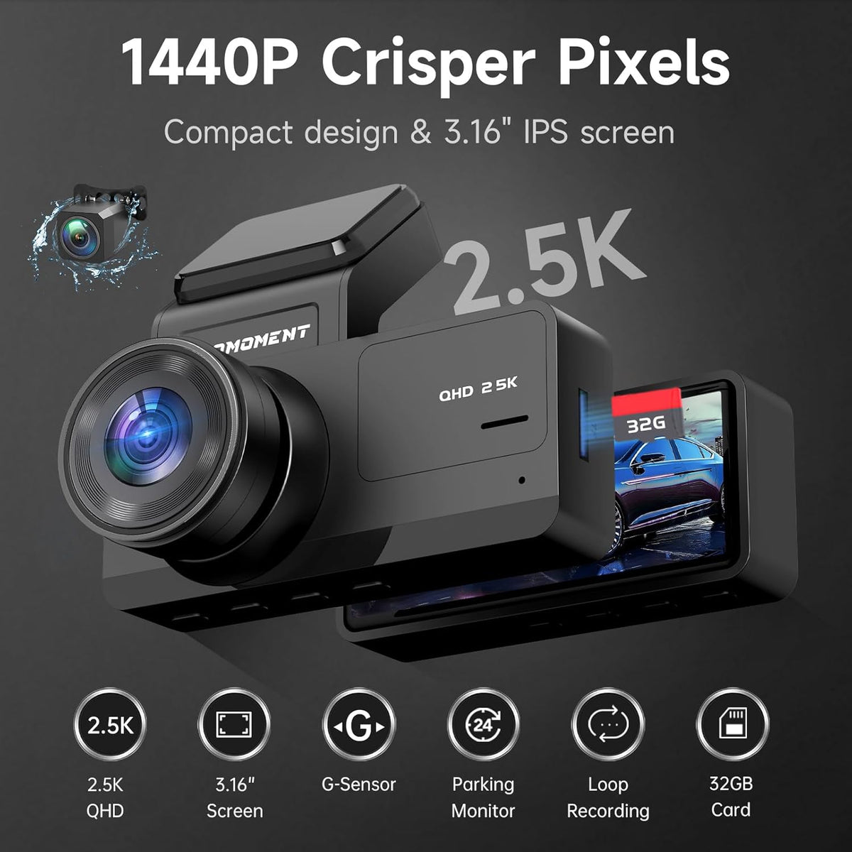 Ecomoment Dash Cam Front and Rear, 2.5K+1080P Car Camera with 32GB Card | WDR Night Vision, G-Sensor, 24H Parking Monitor, 3.16" IPS Screen, 170° Wide Angle, Supports up to 256GB Card