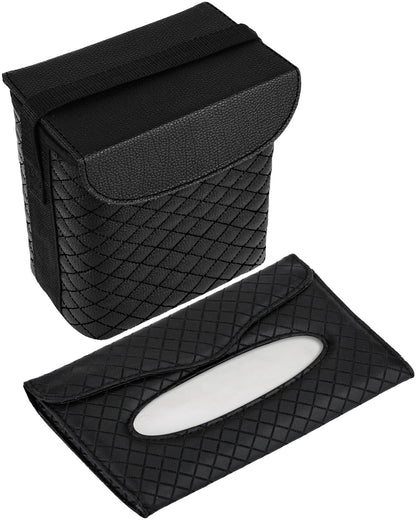 BELINOUS Leather Car Trash Can with Matching Tissue Holder, Waterproof and Leakproof Mini Car Trash Can with Lid, Small Garbage Bin with Adjustable Strap