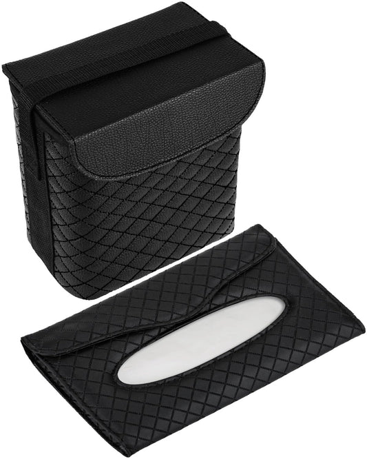 BELINOUS Leather Car Trash Can with Matching Tissue Holder, Waterproof and Leakproof Mini Car Trash Can with Lid, Small Garbage Bin with Adjustable Strap